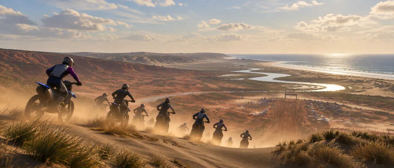 Rombongan rider motocross menuruni punggung bukit pasir di ujung Carrow Basin saat sore, sungai berkilau di lembah dan laut di kejauhan