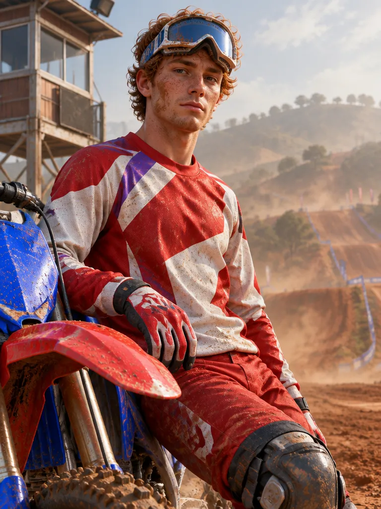Rhys Holt, rider berambut ikal tembaga dan berbintik, jersey merah-putih, goggle di dahi, bersandar ke fender motor di samping menara waktu