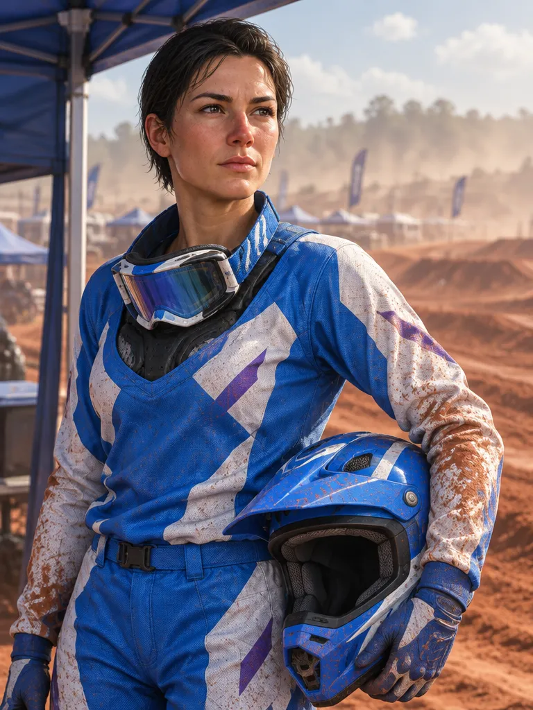 Cass Rowley, rider pabrikan Halden, berdiri di tepi tenda pit dengan jersey biru-putih berdebu tanah liat, kacamata goggle di leher, helm biru di pinggang