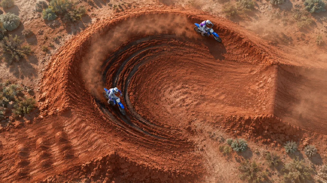 Shelf Berm dari atas: berm tanah liat yang melengkung, rut gelap di sisi dalam, rider bermotor biru menikung rendah di rut dan rider kedua di atas berm